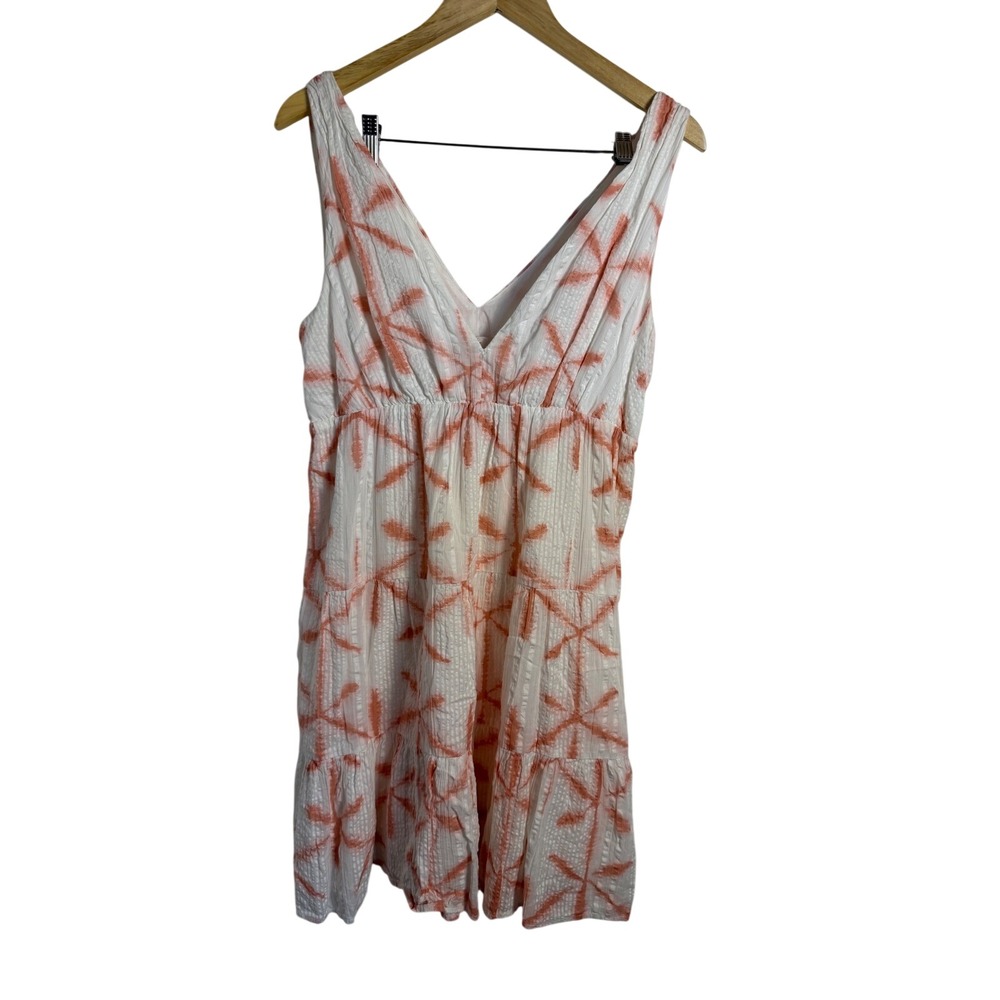 LOFT Tiered Dress Medium White Coral Tie Dye Sunburst Cotton Sleeveless V-Neck